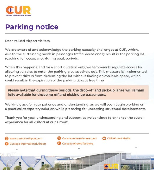 Curaçao International Airport restricts parking access during peak periods