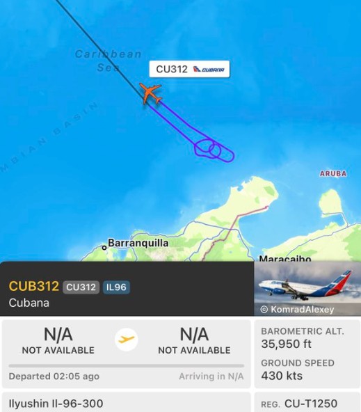 Cubana Wide-Body Jet Circles Off Venezuela Before Returning to Cuba
