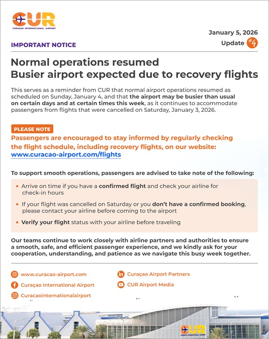 Announcement Curacao Airport: Normal ResumedOperations
