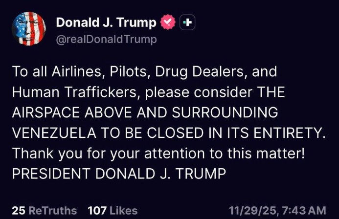 Trump Declares Venezuelan Airspace “Completely Closed,” Raising Security Concerns for Caribbean Region